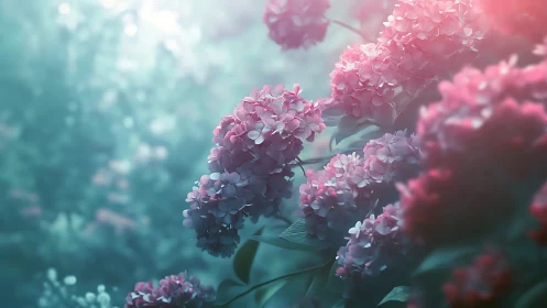Pink hydrangea blossoms drift in a soft, dreamy atmosphere.