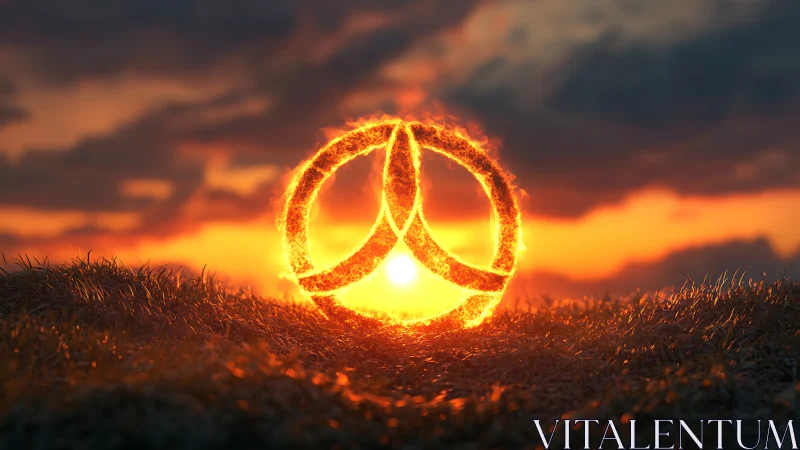 Fiery circular sigil burns against a glowing sunset horizon.