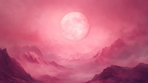 Blush-tinted moon hangs above misty mountains in silent glow