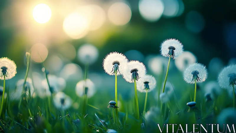 Delicate Dandelion Wishes Dance in Sunlit Meadow