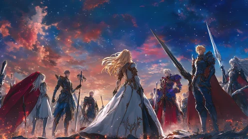 Celestial duel of radiant knights beneath ember-tinted skies.
