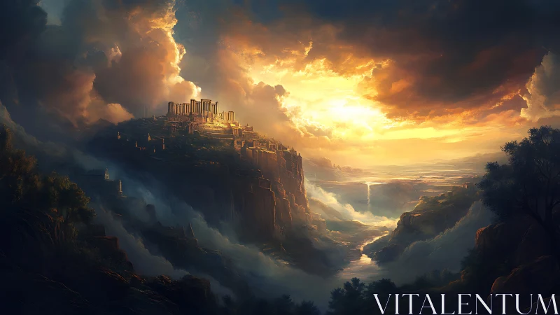 Sun-forged citadel crowns a mist-split celestial canyon