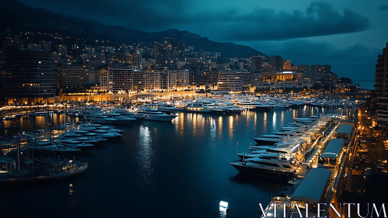 Luxury marina skyline under cinematic blue hour glow.