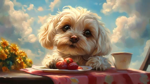 Sweet puppy enjoys strawberries at a sunny skyside table.