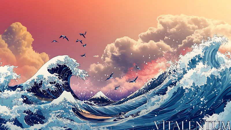 Stylized ocean waves move toward distant mountain under clouds