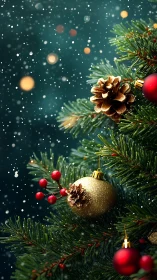 Festive Christmas tree branch with gold baubles and snow.