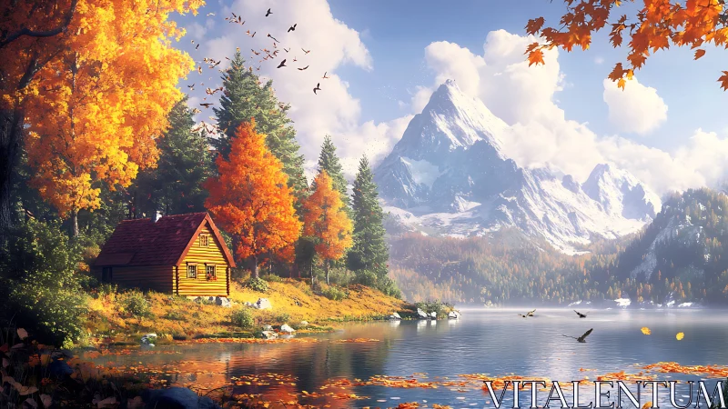Log cabin by alpine lake with autumn forest and mountains.