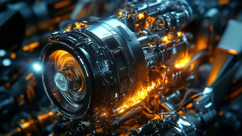 Futuristic engine core glows with neon orange energy pulses.