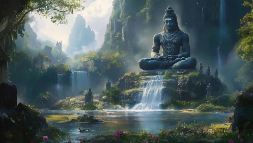 Large seated deity statue dominates misty waterfall landscape