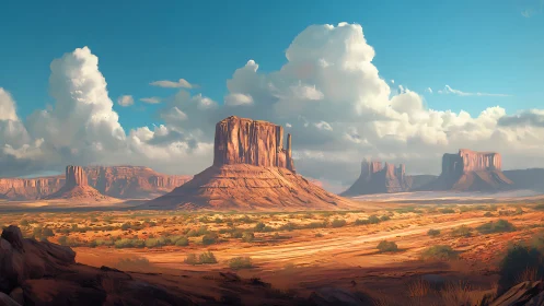 Digital painting of desert buttes under towering cumulus clouds.