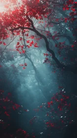 Misty Forest Canopy with Crimson Foliage and Gnarled Tree Silhouettes