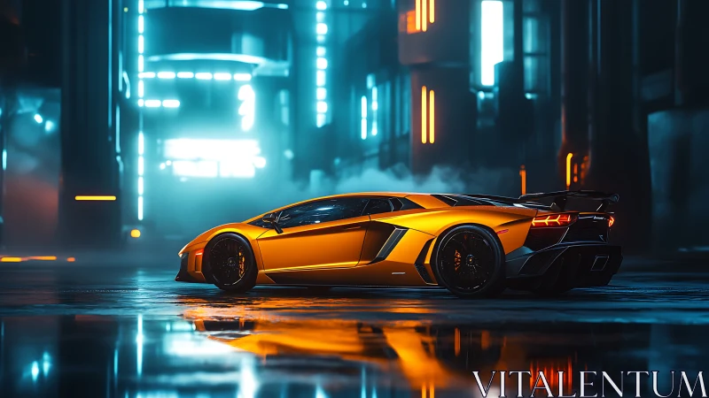Neon-lit hypercar profile in moisture-slick cybernetic alleyway.