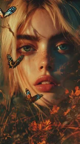 Golden-haired girl gazes through butterflies and ember flowers