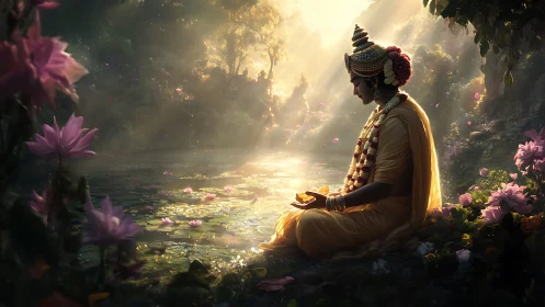 Serene robed figure meditating beside sunlit lotus pond.