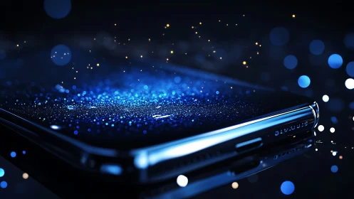 Macro smartphone closeup with glowing digital bokeh field.