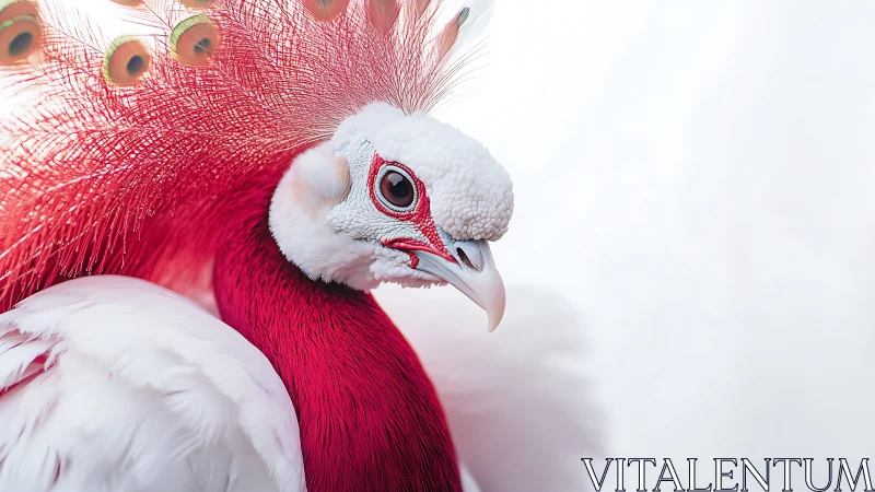 Vibrant red and white bird with ornate feathers in soft focus.