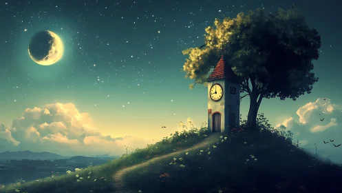Clock tower on hill under crescent moon and star field.