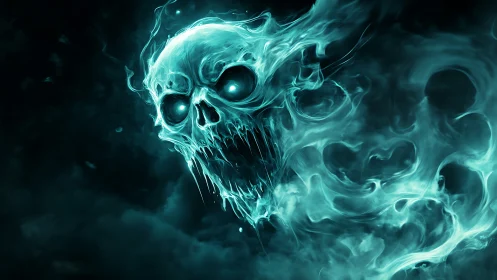 Spectral turquoise skull emerging in swirling ghostly smoke.