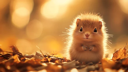 Fluffy golden mouse among dry autumn leaves at sunset.