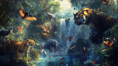 Jungle Sanctuary: Tigers and Wildlife Converge at Forest Waterfall
