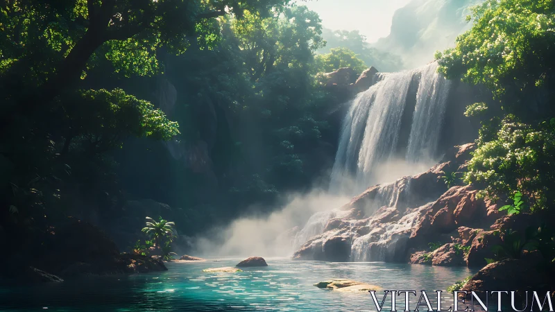 Sunlit jungle waterfall pool inviting quiet daydreams.