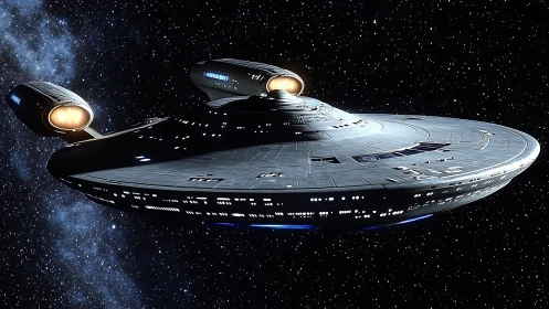 Elegant saucer starship glides through a dense starfield.