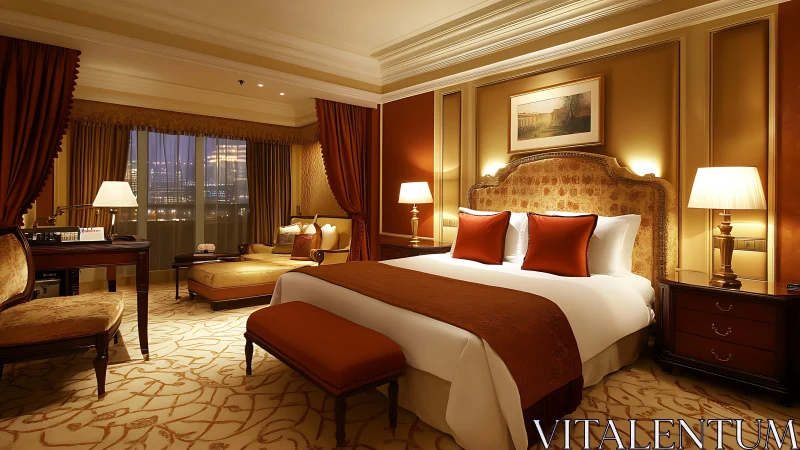 Elegant hotel suite glows with warm, luxurious lighting.