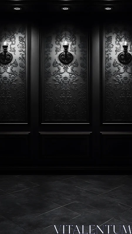 Moody black corridor with ornate wall lights aglow softly.