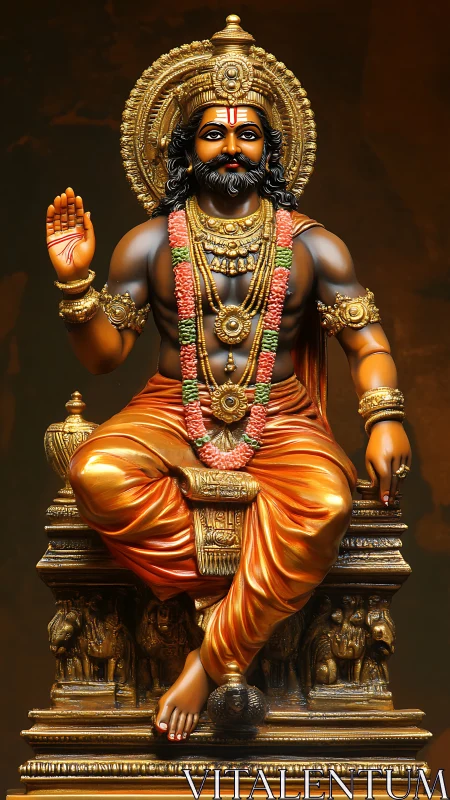 Seated Hindu deity statue with ornate jewelry and gesture.