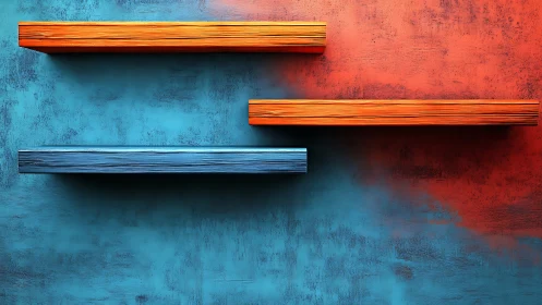 Colorful staggered wall shelves on textured split background.