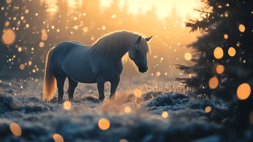 White horse stands in golden winter forest bokeh glow.