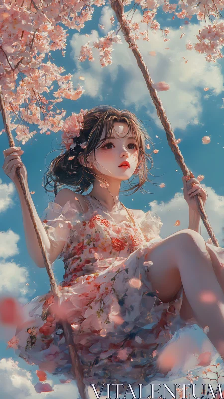 Moonlit blossom girl soaring on a petal-swept swing.