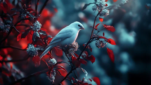 White bird perched on vibrant red foliage, dreamy fantasy style.