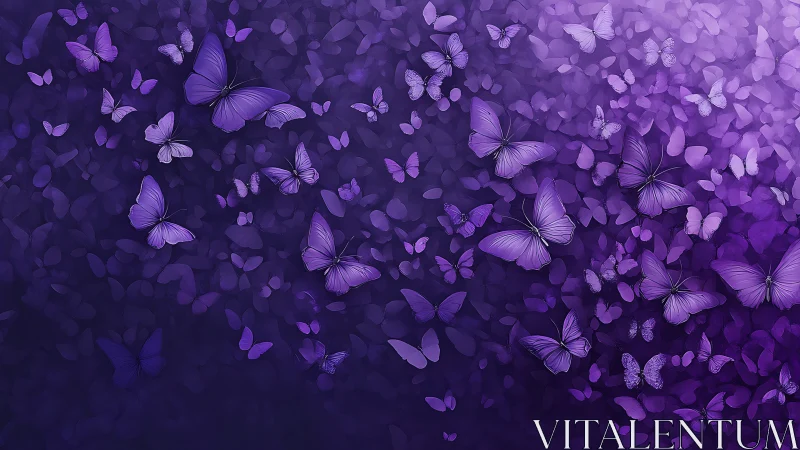 Violet gradient digital swarm of stylized luminous butterflies