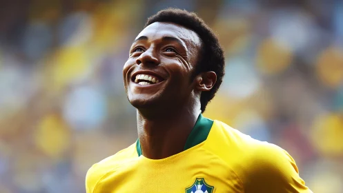 Smiling football player in yellow jersey looks upward