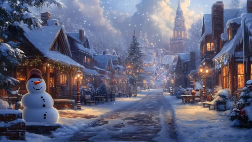 Snowman sentinel in lantern-lit storybook winter street.