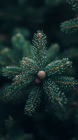 Frost-kissed fir needles cradle tiny pinecones in quiet hush.
