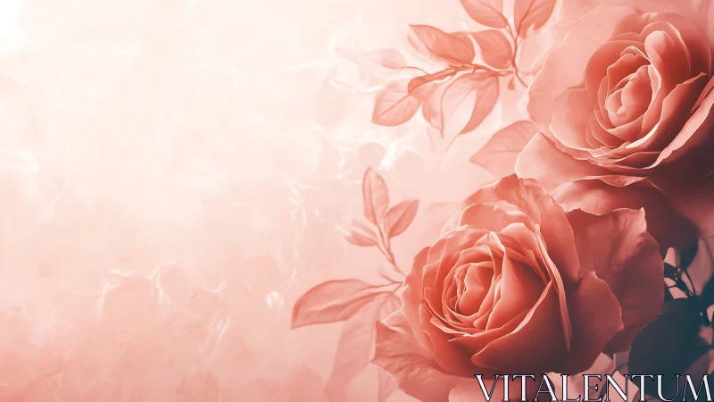 Coral Pink Roses with Soft-Focus Botanical Leaves in Luminous Backlight