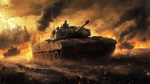 Armored battle tank advances through blazing warzone inferno