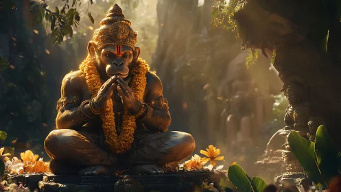 Meditating simian deity rendered with cinematic volumetric lighting