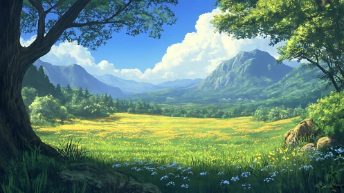 Sunlit mountain meadow unfolds beneath bright summer skies