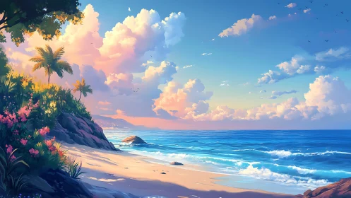 Digital seascape shows tropical shoreline with clouds and surf