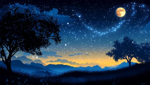 Lunar-lit gradient horizon beneath smiling stellar arc field.