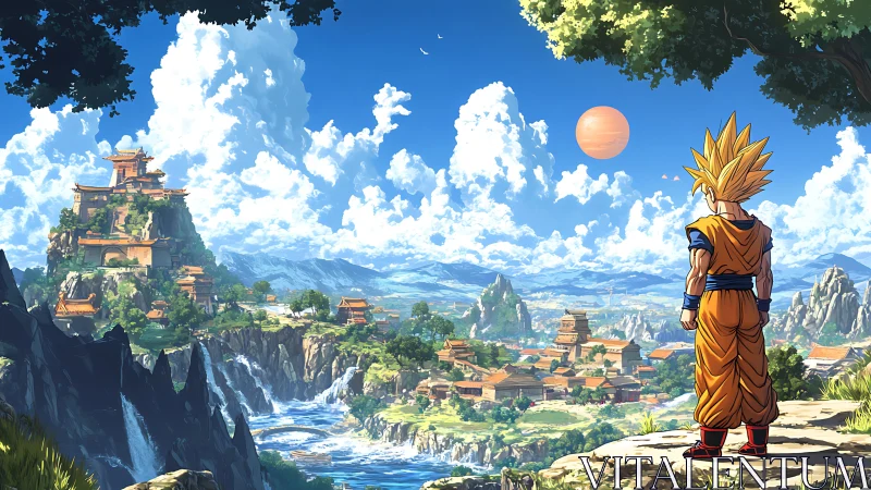 Golden-haired warrior quietly surveys a bright valley kingdom