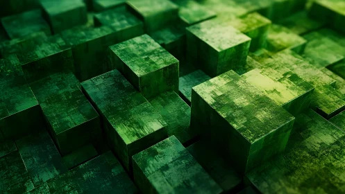 Abstract green cubes in digital 3D art with textured surfaces.