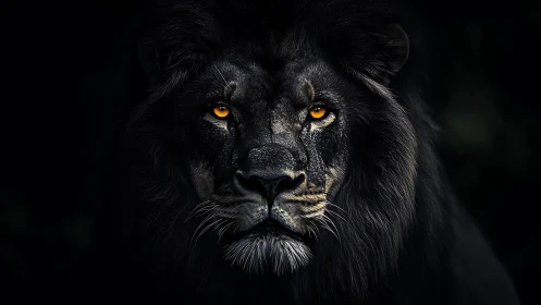 Low key monochrome lion portrait with luminous amber eyes.