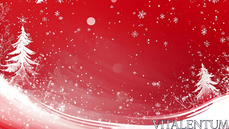 Snowy Christmas trees glow softly on a bright red sky