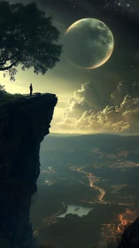 Solitary observer on cliff above illuminated valley and moon