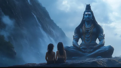 Mountain mist cradles a serene blue deity and quiet seekers