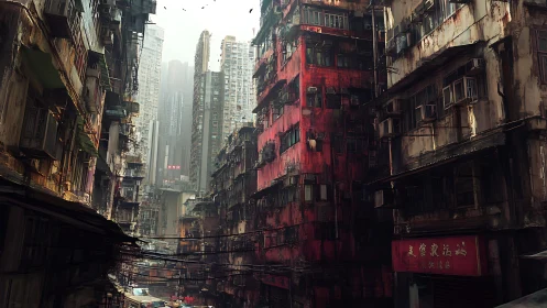 Densely wired dystopian alley with decayed high-rise tenements